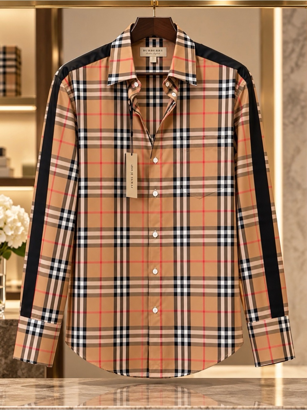 Burberry Tan Plaid Long-Sleeve Button-Down Shirt with Black Shoulder Stripes